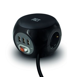 ACT разклонител куб с 3 гнезда, 3 x USB-A, черен, 1.5 м, с ключ