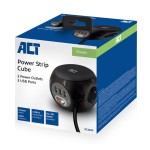 ACT разклонител куб с 3 гнезда, 3 x USB-A, черен, 1.5 м, с ключ