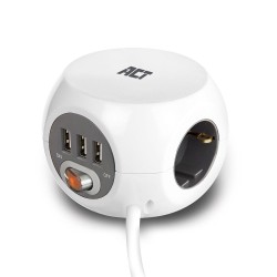 ACT разклонител куб с 3 гнезда, 3 x USB-A, бял, 1.5м, с ключ