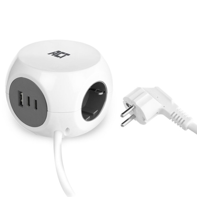 ACT разклонител куб с 3 гнезда, USB-C/A портове, 30W Power Delivery, кабел 1.5 м