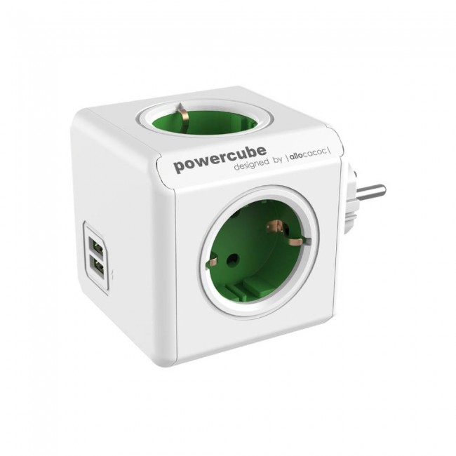 DesignNest PowerCube Original 1202GN разклонител, 4 гнезда, USB, зелен (8718444085737)