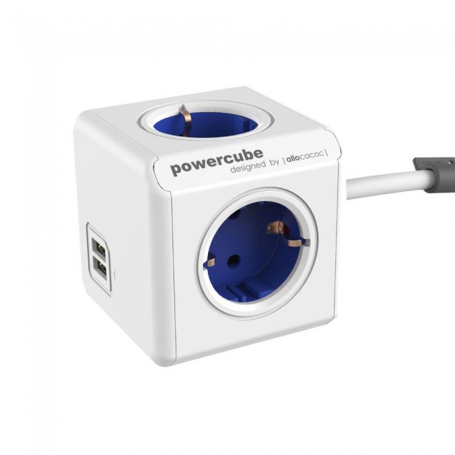 DesignNest PowerCube Extended 1402BL разклонител, 4 гнезда, USB, 1.5м кабел, син (8718444086994)