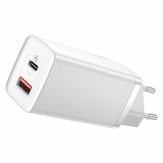 Baseus CCGAN2L-B02 GaN зарядно устройство 65W с USB-C и USB, бяло Baseus CCGAN2L-B02 GaN зарядно устройство 65W с USB-C и USB, бяло