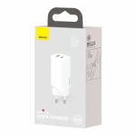 Baseus CCGAN2L-B02 GaN зарядно устройство 65W с USB-C и USB, бяло Baseus CCGAN2L-B02 GaN зарядно устройство 65W с USB-C и USB, бяло