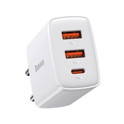 Baseus Compact Quick CCXJ-E02 мрежово зарядно устройство с 2×USB-A и USB-C, 30W, бяло