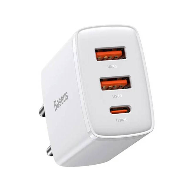 Baseus Compact Quick CCXJ-E02 мрежово зарядно устройство с 2×USB-A и USB-C, 30W, бяло Baseus Compact Quick CCXJ-E02 мрежово зарядно устройство с 2×USB-A и USB-C, 30W, бяло