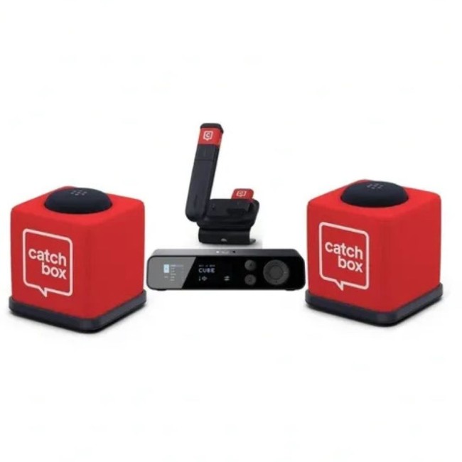 Catchbox Plus система с 4-канален Hub DSP приемник с мрежова свързаност и DANTE, 2 Cube микрофона, 1 Clip микрофон, 1 Stick микрофон с включени зарядни, персонализируема