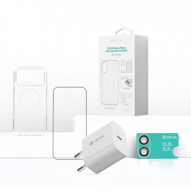 Devia 4-в-1 комплект за iPhone 17 с 30W GaN PD зарядно, MagSafe калъф и стъклени протектори