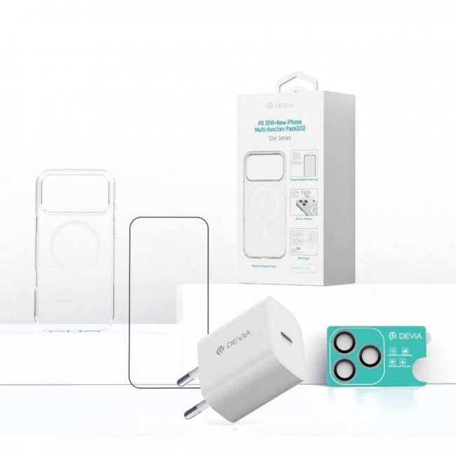 Devia 4-в-1 комплект за iPhone 17 Pro с 30W GaN PD зарядно, MagSafe калъф и стъклени протектори Devia 4-в-1 комплект за iPhone 17 Pro с 30W GaN PD зарядно, MagSafe калъф и стъклени протектори