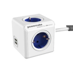 DesignNest PowerCube Extended 1402BL разклонител с 4 гнезда, 2 USB-A порта и кабел 1,5 м, син