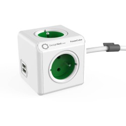 DesignNest PowerCube Extended 1402GN разклонител, 4 гнезда, USB, 1.5м кабел, зелен (8718444087014)