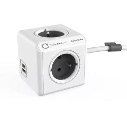 DesignNest PowerCube Extended 1402GY разклонител с 4 гнезда, 2 USB порта и кабел 1,5 м, сив