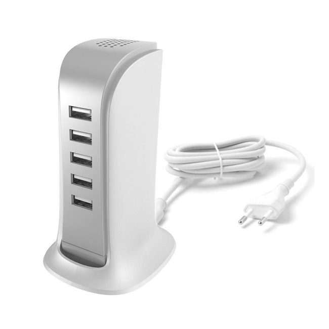 Dudao заряден адаптер с 5 x USB-А изхода за мобилни телефони и таблети, бял Dudao заряден адаптер с 5 x USB-А изхода за мобилни телефони и таблети, бял