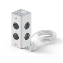 Ewent EW3864 Power Tower Block вертикален разклонител с 8 контакта, 2 USB-A и 2 USB-C PD порта, защита от пренапрежение и детска защита