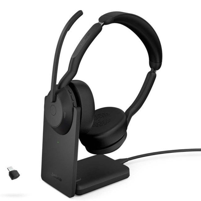 Jabra Evolve2 55 стерео слушалки, Bluetooth, Link380a, UC, зарядна стойка, черен