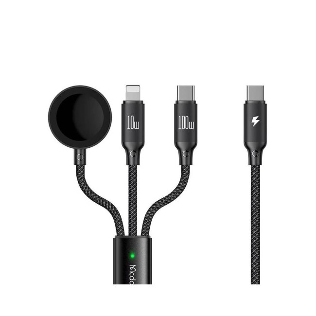 Lemontti Mcdodo CA-4940 O Series 3-в-1 кабел USB-C към USB-C, Lightning и безжично зареждане за Apple Watch, 100W, 1.2 m, черен Lemontti Mcdodo CA-4940 O Series 3-в-1 кабел USB-C към USB-C, Lightning и безжично зареждане за Apple Watch, 100W, 1.2 m, черен