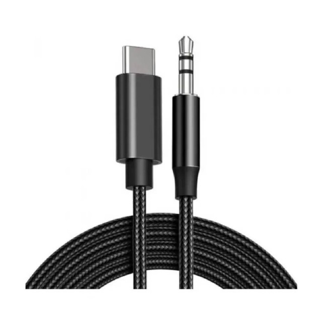 Lemontti аудио кабел Type-C към Jack 3.5mm, 1 м, черен (текстилна и найлонова оплетка)
