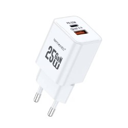 Lemontti GaN Dual Port мрежово зарядно устройство 25W (USB-C + USB-A), бяло