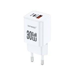 Lemontti GaN Dual Port мрежово зарядно устройство 30W (USB-C PD + USB-A), бяло