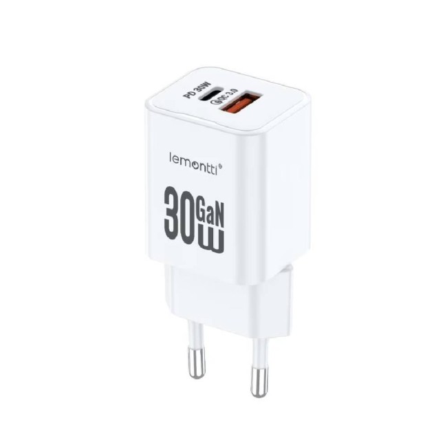 Lemontti GaN Dual Port мрежово зарядно устройство 30W (USB-C PD + USB-A), бяло