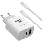 Lemontti мрежово зарядно устройство 20W с USB-C, USB-A и Type-C кабел