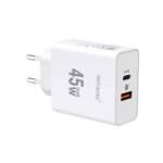 Lemontti GaN Dual Port мрежово зарядно устройство 45W (USB-C PD + USB-A QC 3.0), бяло