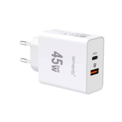 Lemontti GaN Dual Port мрежово зарядно устройство 45W (USB-C PD + USB-A QC 3.0), бяло