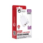 Lemontti GaN Dual Port мрежово зарядно устройство 45W (USB-C PD + USB-A QC 3.0), бяло
