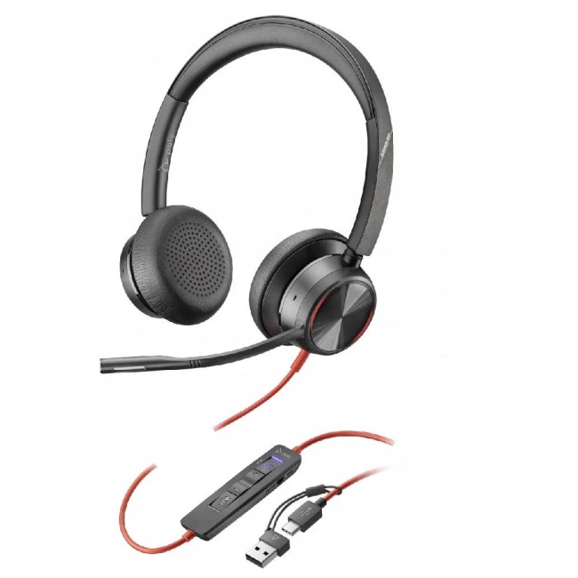 Poly Blackwire 8225 стерео USB-C слушалки с ANC + USB-C/A адаптер, сертифицирани за Microsoft Teams