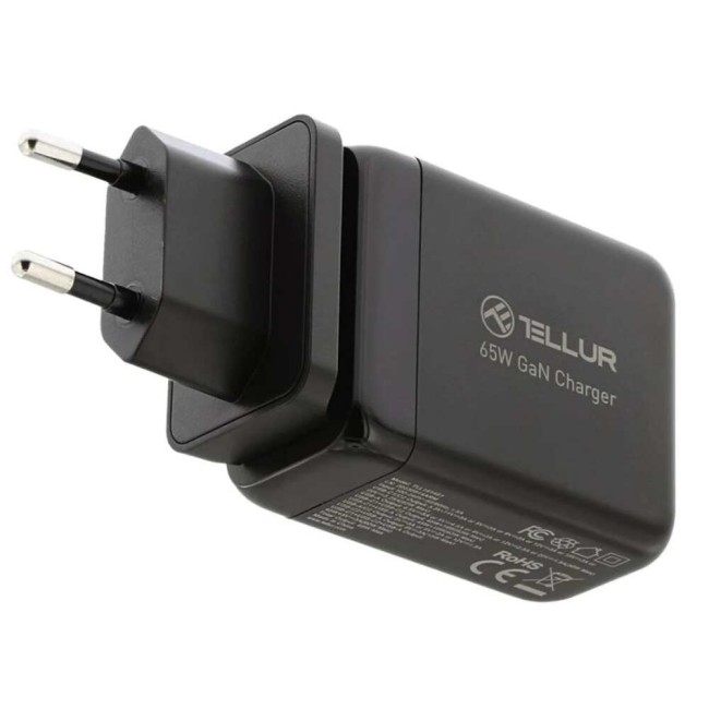 Tellur GaN стенно зарядно, 65W, 2 x USB-C + USB-A, EU, UK, US, черен