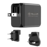 Tellur GaN стенно зарядно, 65W, 2 x USB-C + USB-A, EU, UK, US, черен