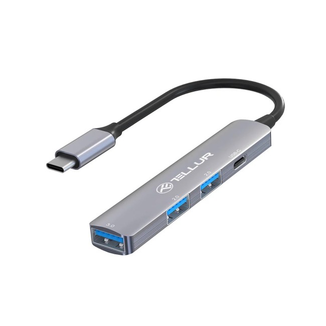 Tellur 4 в 1 USB-C 3.1 hub, 2xUSB 2.0 + 1xUSB-C + 1xUSB 3.0, алуминий, сив