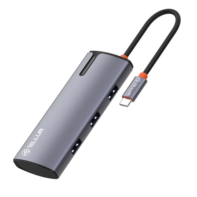 Tellur USB-C hub, 1xPD 3.0 100W, 1xHDMI 4K, 3xUSB 3.0, алуминий, сив