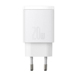 Baseus Compact Quick Wall Charger 20W  - захранване за ел. мрежа с USB-A и USB-C изходи и технология за бързо зареждане, бяло