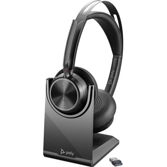 HP Poly Voyager Focus 2 стерео слушалки, Bluetooth, USB-A, ANC, UC, зарядна станция, черни