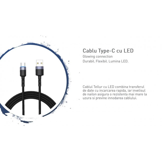 Tellur TLL155363 кабел за данни USB-A към USB-C с LED, 1.2 м, черен Tellur TLL155363 кабел за данни USB-A към USB-C с LED, 1.2 м, черен