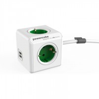 DesignNest PowerCube Extended 1402GN разклонител с 4 гнезда, 2x USB-A и кабел 1,5 м, зелен