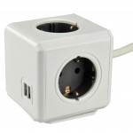 DesignNest PowerCube Extended 1402GY разклонител с 4 гнезда, 2 USB порта и кабел 1,5 м, сив