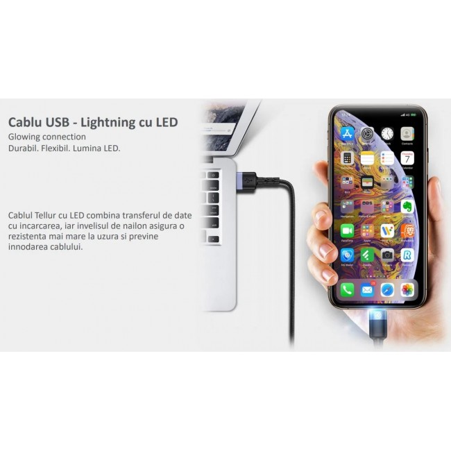 Tellur TLL155354 кабел за данни и зареждане USB-A към Lightning с LED, 1,2 м, червен