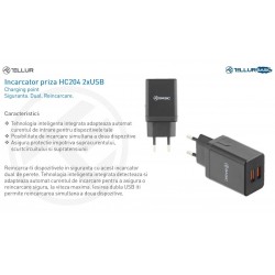 Tellur HC204 Dual USB стенно зарядно, 2 x USB, 12W, черно