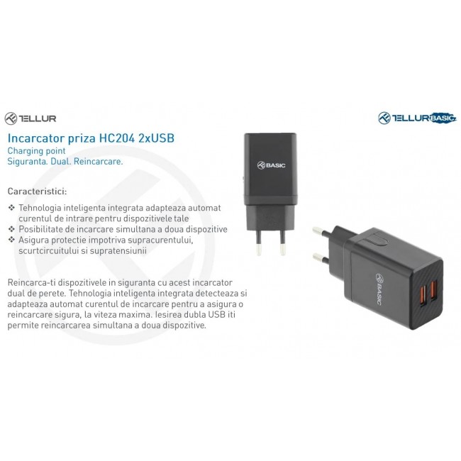 Tellur HC204 Dual USB стенно зарядно, 2 x USB, 12W, черно