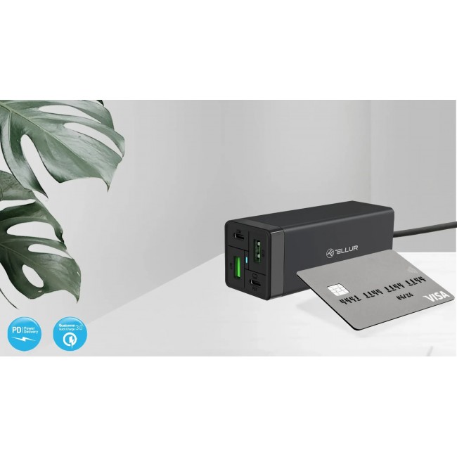 Tellur PDHC2 стенно зарядно устройство 65W, 2xPD 3.0, 2xQC 3.0, черно Tellur PDHC2 стенно зарядно устройство 65W, 2xPD 3.0, 2xQC 3.0, черно