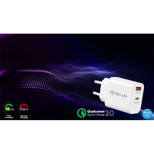 Tellur PDHC101 стенно зарядно с 2 USB порта, PD 20W + QC3.0 18W, бяло