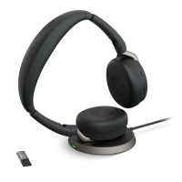 Jabra Evolve2 65 Flex стерео слушалки, Bluetooth 5.2, USB-A, UC, Hybrid ANC, безжична зарядна подложка, черни