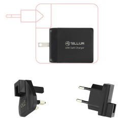 Tellur TLL151451 GaN стенно зарядно 65W с 2 x USB-C и USB-A, EU/UK/US, черен