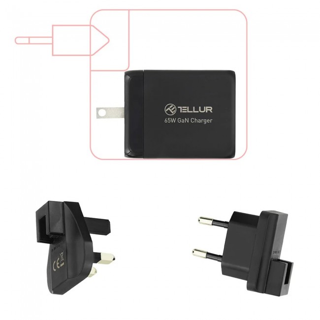 Tellur TLL151451 GaN стенно зарядно 65W с 2 x USB-C и USB-A, EU/UK/US, черен Tellur TLL151451 GaN стенно зарядно 65W с 2 x USB-C и USB-A, EU/UK/US, черен