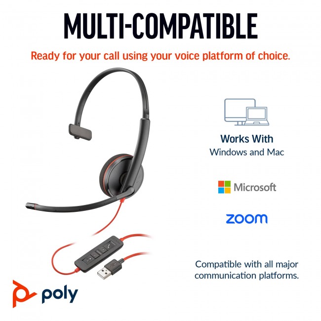 POLY Blackwire 3210 USB-C жична моно слушалка с USB-C/A адаптер POLY Blackwire 3210 USB-C жична моно слушалка с USB-C/A адаптер