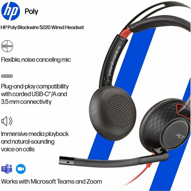 Poly Blackwire 5220 Stereo USB-C слушалка с 3,5 mm жак и USB-C към USB-A адаптер Poly Blackwire 5220 Stereo USB-C слушалка с 3,5 mm жак и USB-C към USB-A адаптер