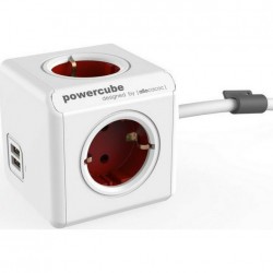 DesignNest PowerCube Extended 1402RD разклонител с 4 гнезда, 2 USB порта и кабел 1,5 м, червен