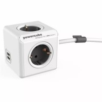 DesignNest PowerCube Extended 1407 разклонител с 4 гнезда и 2×USB-A, 3 м кабел, сив